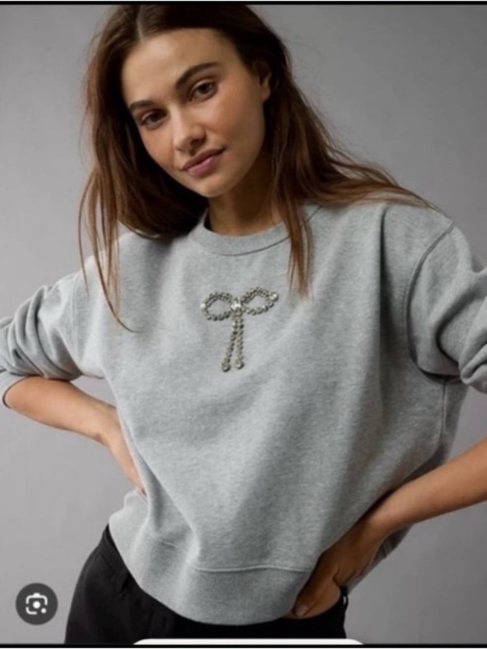 American Eagle Outfitters Gray Crewneck Sweatshirt with Jeweled Bow